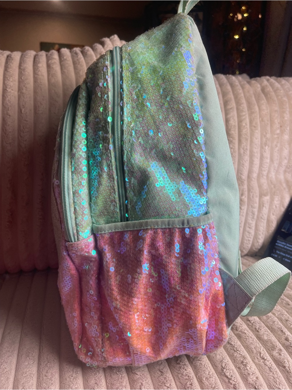 Justice Sequin Heart Backpack in Pastel Green, Pink and Coral - Picture 4 of 7